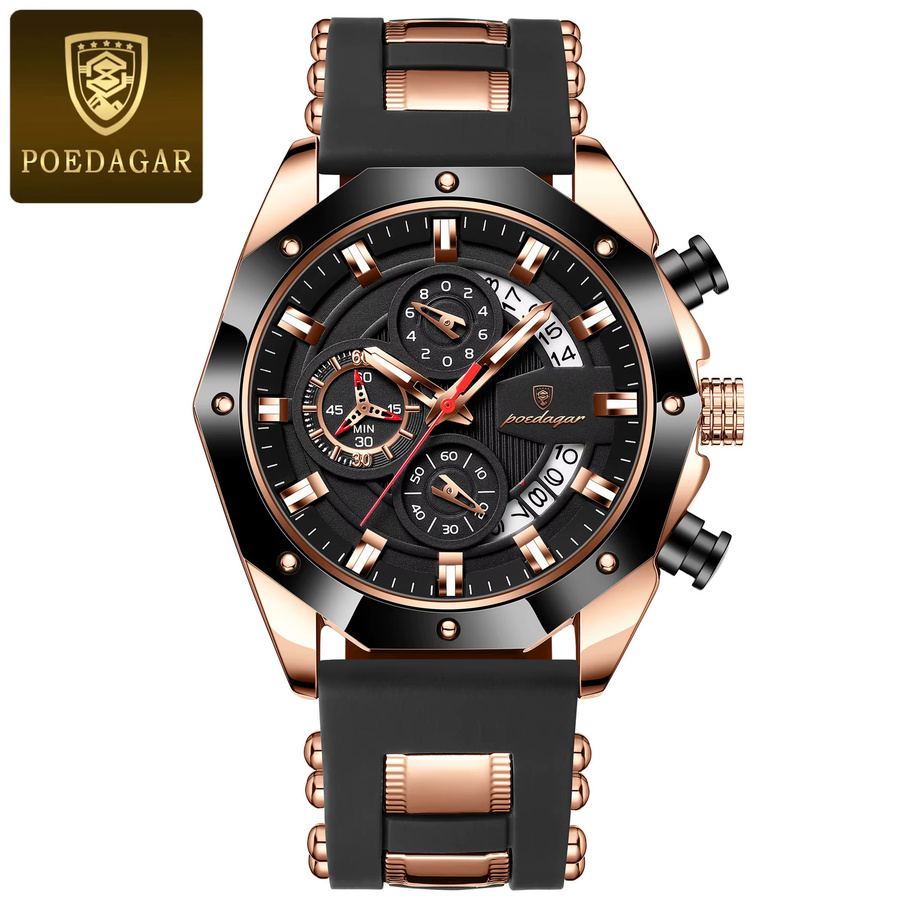 POEDAGAR Armbanduhr Chronograph, Quarz, Silikon, Schwarz, Herren - Bild 7