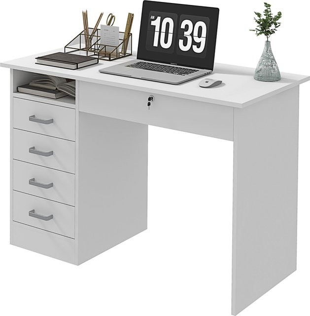 HOMCOM Moderner Computertisch mit 5 Schubladen und 1 offenem Fach in Weiß, B/T/H: 110 x 50 x 76 cm - Bild 1