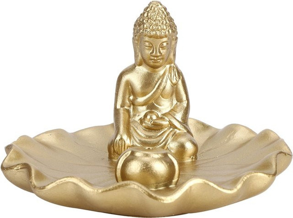 Buddha-Statue Sakyamuni Buddha als sitzendes Räuchergefäß in Beige und Gold im antiken Stil