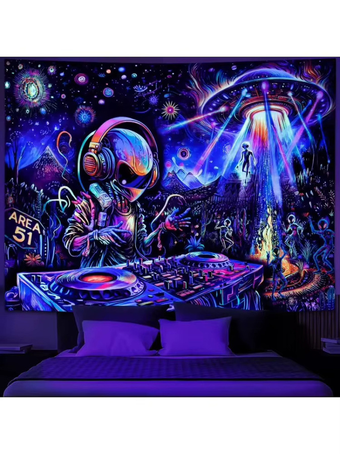 VIKAMA Trippy Alien DJ Wandteppich mit UFO-Motiv in Multicolour, B/H: 60 x 40 cm - Bild 5