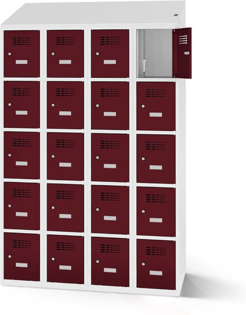 rotstahl Fächerschrank mit Ladefunktion und 20 Fächern in Bordeaux mit lichtgrauem Korpus, B: 120 cm, H: 200 cm - Bild 1