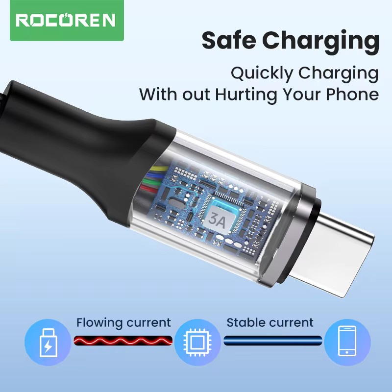 Rocoren USB Typ C Schnellladekabel 3A in Schwarz, 3m Länge für Xiaomi, Poco, Realme, Samsung und Huawei - Bild 3