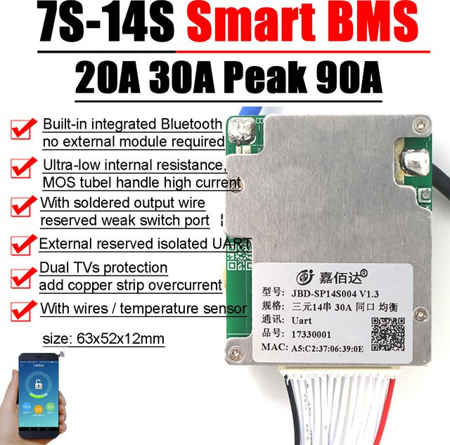 JBD Smart BMS Lithium-Batterie-Schutzplatine mit Bluetooth für 7S bis 14S Li-Ion Lipo und LiFePO4, 30A, kompatibel mit 24V 36V 48V 52V - Bild 1