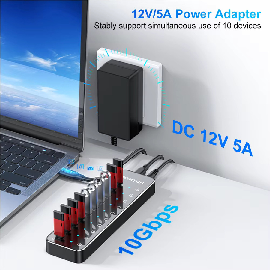 RSHTECH 10-in-1 USB-C Hub mit Touch-Schaltern, 10 Gbit/s Multiport-Dockingstation für MacBook, Laptop und PC, Grau - Bild 4
