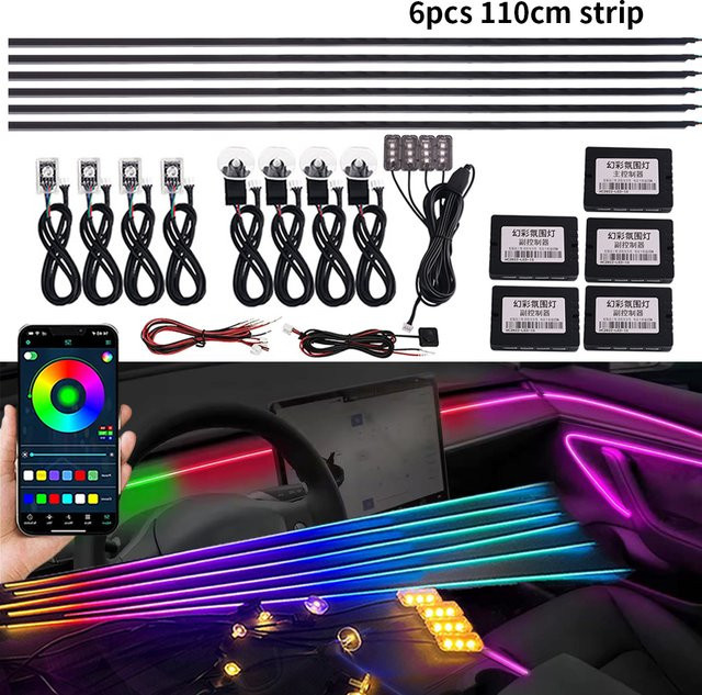 18 in 1 Auto LED Umgebungslicht Set mit 6 Stück RGB Acrylstreifen, Symphony Atmosphärenbeleuchtung in Multicolour, App-Steuerung und Fernbedienung, Länge: 110 cm - Bild 1