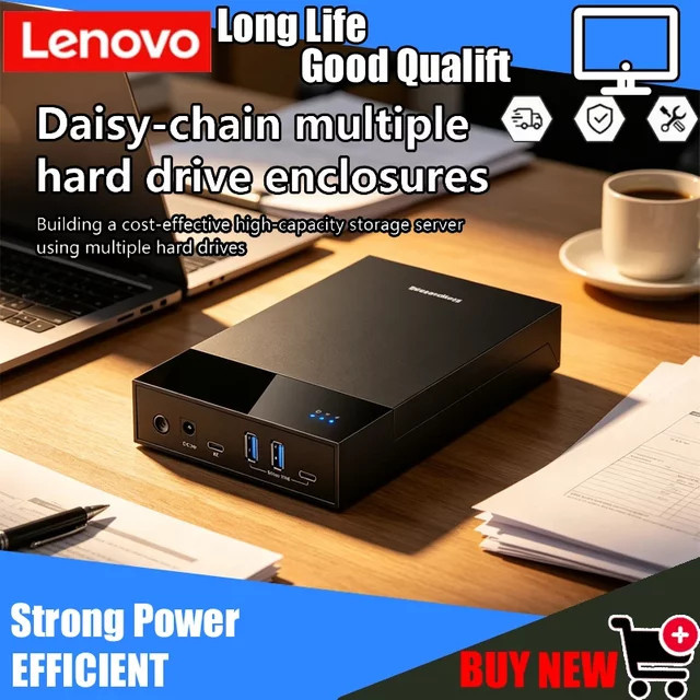 Lenovo Externes HDD/SSD Gehäuse für 2,5 und 3,5 Zoll SATA mit USB-C und USB 3.0 Hub, Schwarz, Werkzeuglose Installation, bis zu 18TB Unterstützung - Bild 1