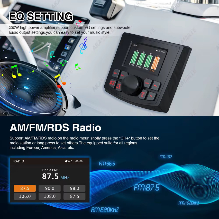 AKAMATE Marine Radio MP5 Bootsradio mit 3 Zoll Display, Wasserdicht IPX5, Bluetooth, AUX, AM/FM/RDS, Schwarz - Bild 5