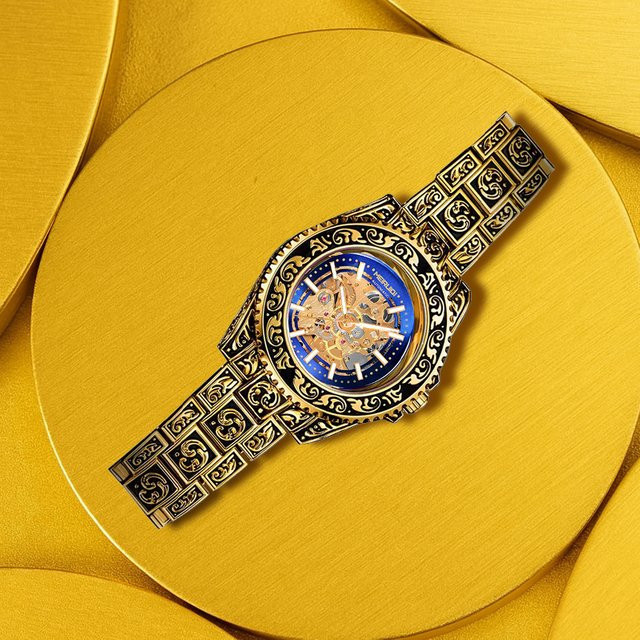 MEIRUIQI Armbanduhr Automatik, Edelstahl, Gold, Blau, Herren - Bild 1