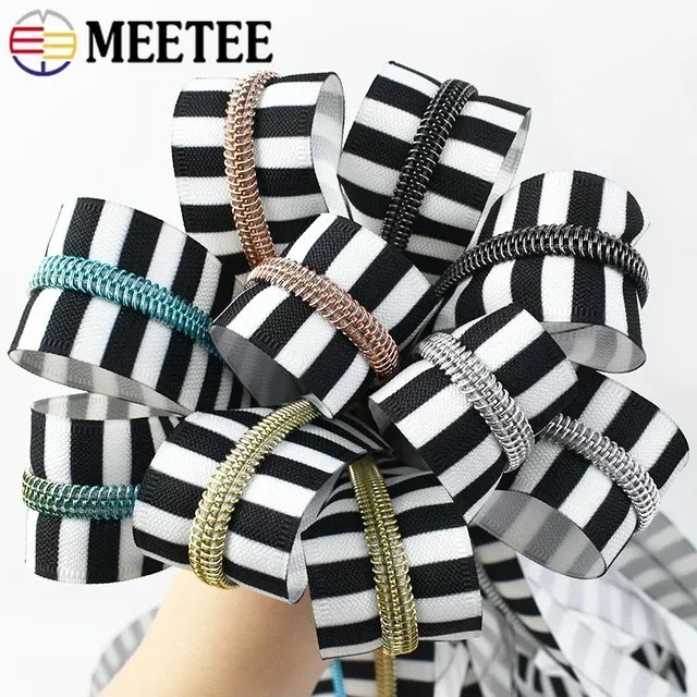 Meetee Nylon-Reißverschlüsse mit Streifendekoration als Meterware, Spiralförmige Reißverschlussbänder für Kleidung, Gold und Multicolour - Bild 1