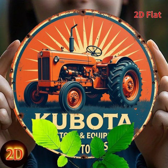 Runde Metallwandkunst Potdemiel Kubota Tractor & Equipment im Vintage-Stil mit orangefarbenem Traktor, Durchmesser: 20 cm - Bild 1