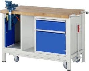 Rau Werkbank Modell 8181 B mit absenkbarem Fahrgestell und Schraubstock, B/T/H: 125 x 70 x 88 cm - Bild 1