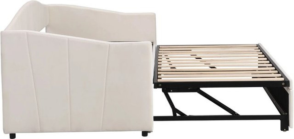 KOMHTOM Polsterbett als ausziehbares Schlafsofa mit Samtbezug und Lattenrost in Beige, B/T/H: 180 x 200 x 90 cm