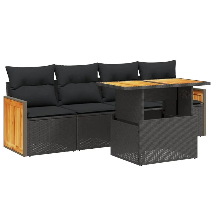 vidaXL 5-teilige Garten-Sofagarnitur aus Poly-Rattan und Akazienholz in Schwarz mit Kissen - Bild 2