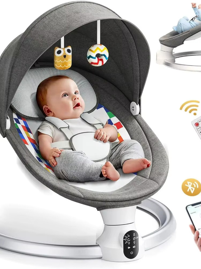 Elektrische Babywiege als Baby-Schaukelstuhl mit 10 Melodien und 5-Punkt-Sicherheitsgurt, Schwarz-Grau, für 0-6 Monate - Bild 3