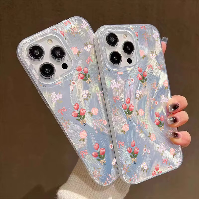 Transparente iPhone Schutzhülle mit irisierenden rosa Tulpen und sturzsicherem Design für Apple iPhone 17 16 15 14 13 12 11 Pro Max - Bild 2