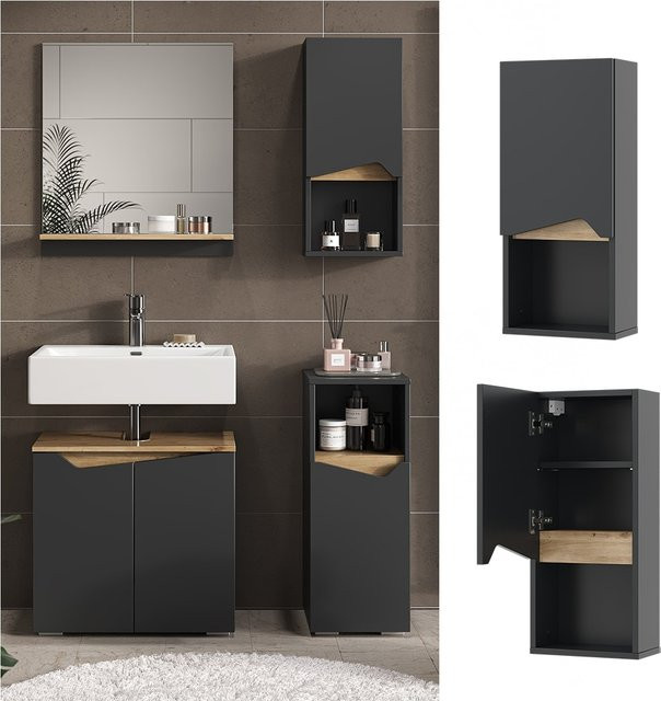 Vicco Badschrank Marelle Hängeschrank in Anthrazit und Eiche mit Tür und offenem Fach, B: 30 cm, H: 67 cm - Bild 1