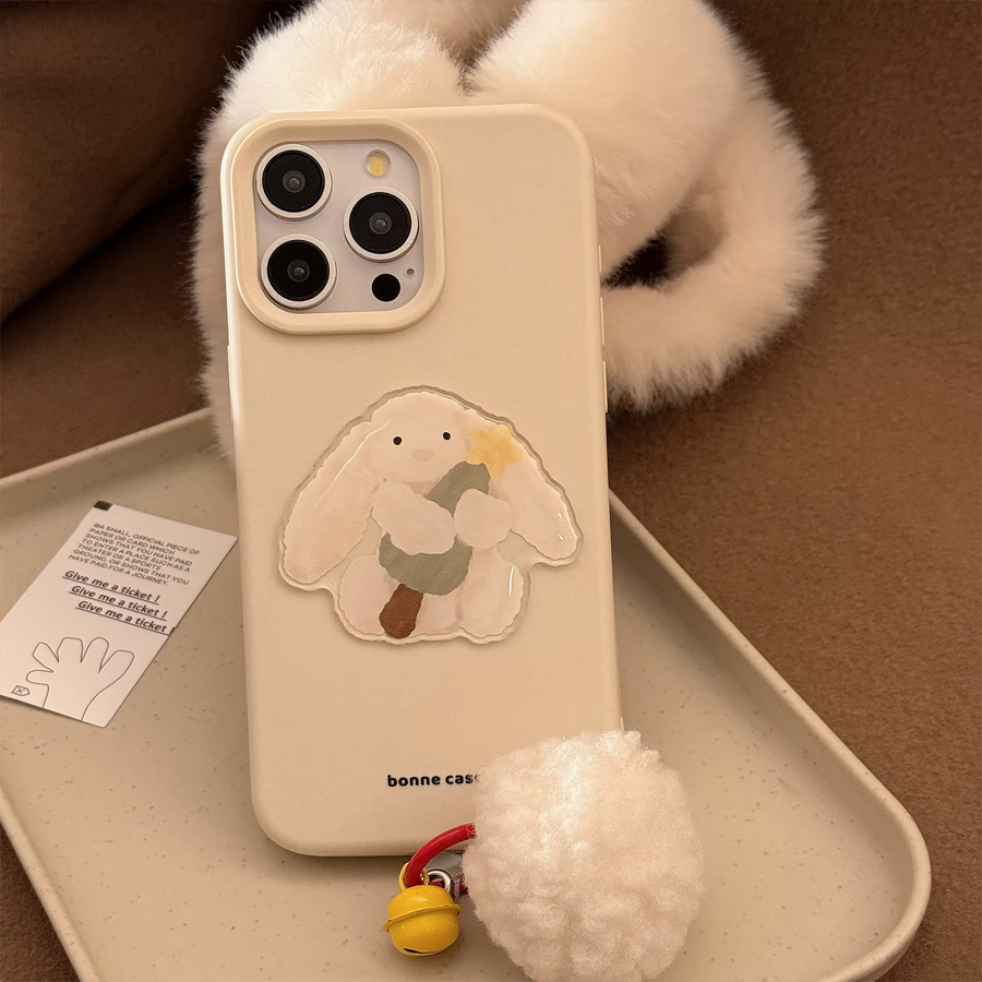 MUQGEW Stoßfeste Silikon Handyhülle mit 3D-Häschen-Design und Anhänger für iPhone 12 bis 16 Pro Max Plus, Farbe: Weiß - Bild 2