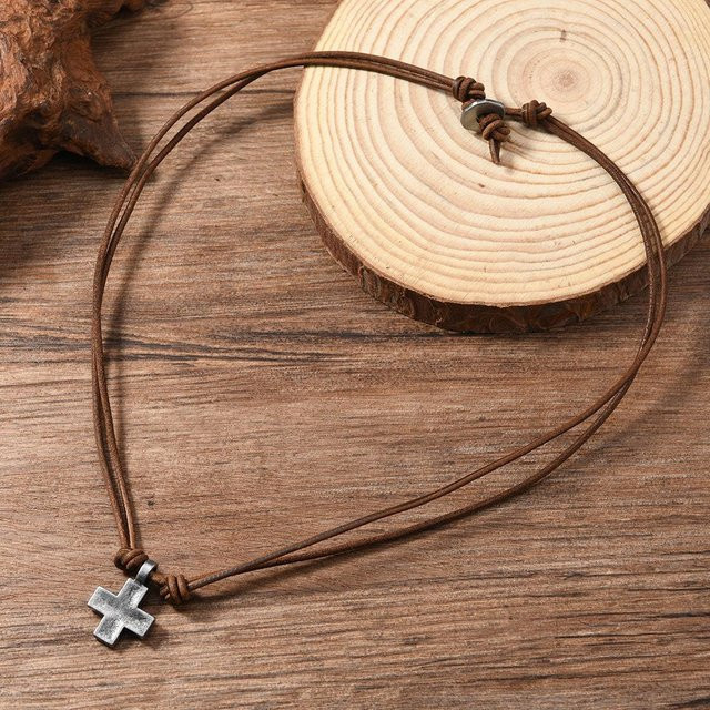 Halskette mit Kreuz Anhänger, Leder, braun, Unisex - Bild 1