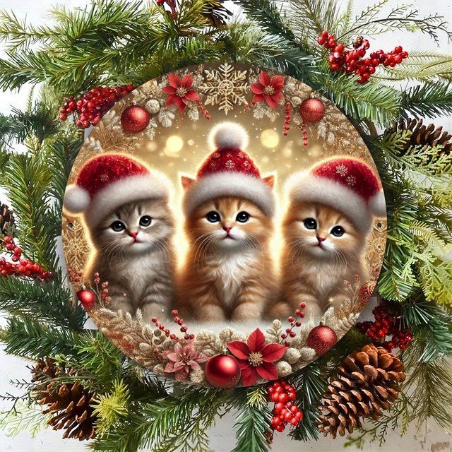 Potdemiel Weihnachtskätzchen Metallschild mit Kranzdesign als Wanddekoration aus Eisen, B/H: 20,3 x 20,3 cm - Bild 1