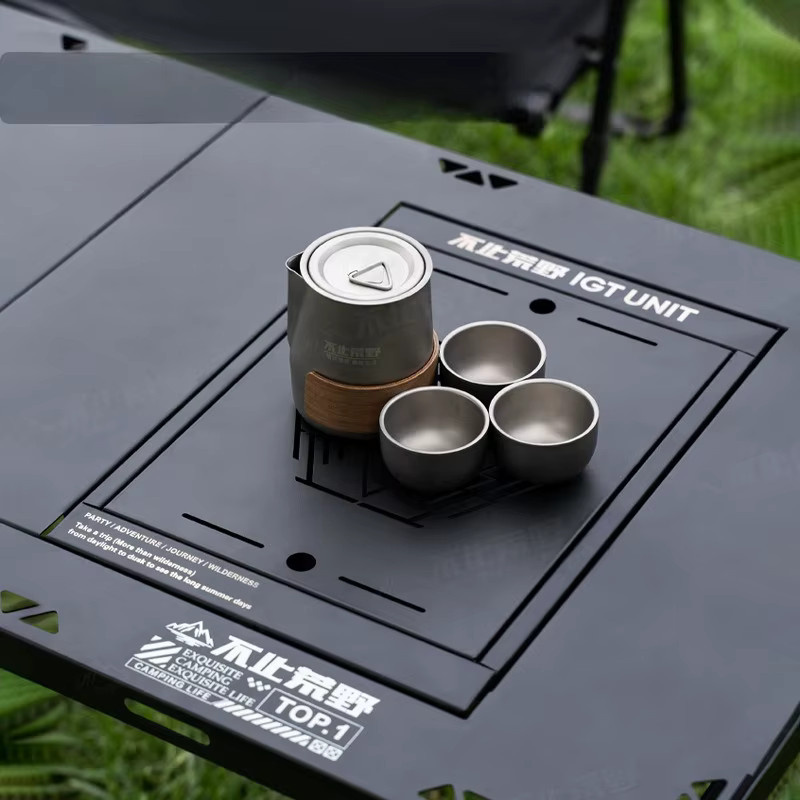 Tryhomy Camping Outdoor IGT Teetablett mit Abflussrohr und Aufbewahrungsbox aus Kohlenstoffstahl in Schwarz - Bild 2