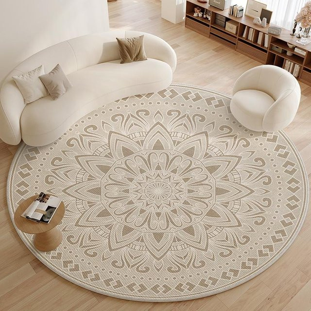 Karpetti Runder Teppich in Beige mit geometrischem Design, Waschbare Anti-Rutsch Matte für Wohnzimmer und Schlafzimmer, Durchmesser: 80 cm - Bild 1