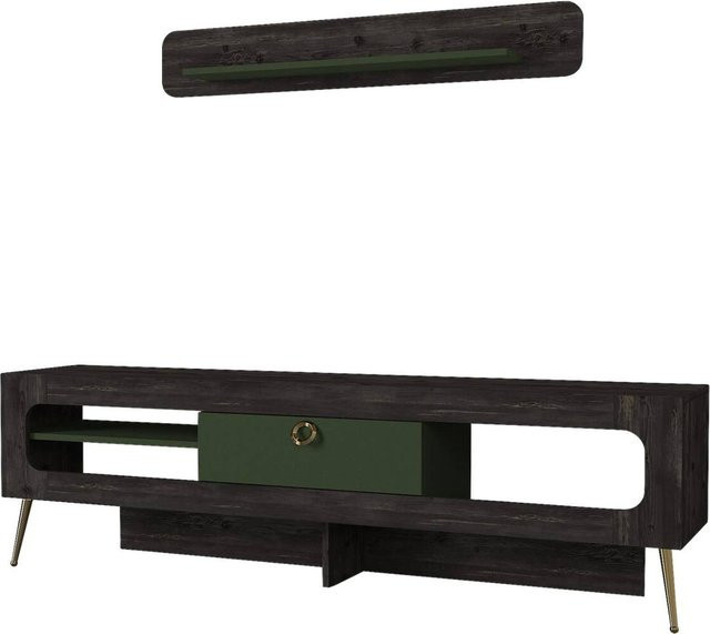 Wohnwand Milandra Rebab modern in Braun, Dunkelgrau und Dunkelgrün B/H/T: 180 x 55 x 31,5 cm - Bild 1