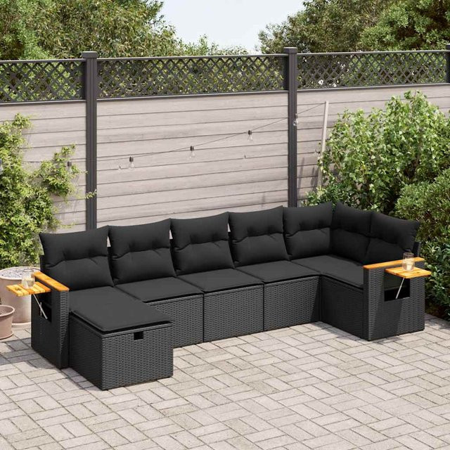 vidaXL 7-tlg. Garten-Sitzgruppe in L-Form mit Kissen, Schwarz - Bild 3