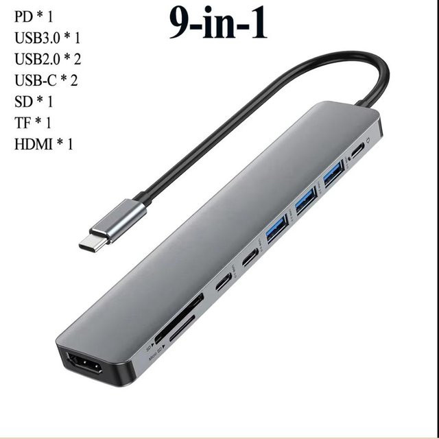 KEBIDU 9 in 1 USB C Dockingstation mit 4K HDMI, 100W PD Ladegerät, USB 3.0, USB 2.0 sowie SD und TF Kartenleser in Grau - Bild 1