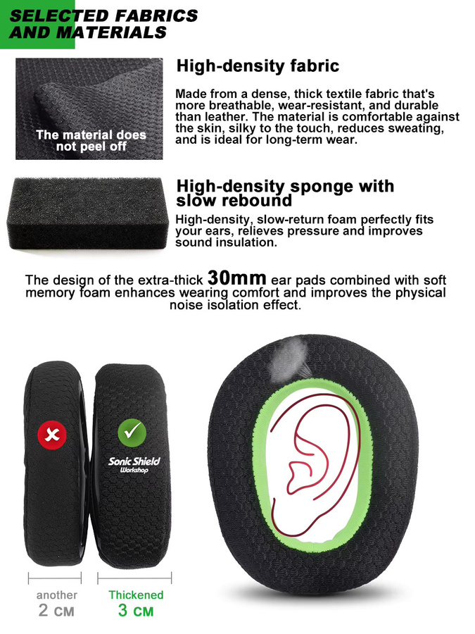 Ersatz-Ohrpolster aus Protein-Schaumstoff für Logitech G435, Zone Vibe 100, SuperEQ G19BT, Onikuma B2 und Fantech WHG03P in Schwarz und Grün - Bild 3