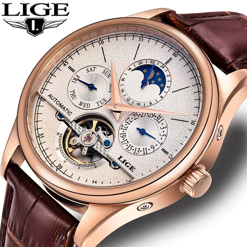 LIGE Armbanduhr Automatik, Leder, Roségold, Herren - Bild 5