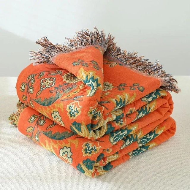 Japanische Baumwolldecke von Your Warm Home in Orange, multifunktionale Tagesdecke mit floralem und ethnischem Muster, B/B: 150 x 200 cm - Bild 1