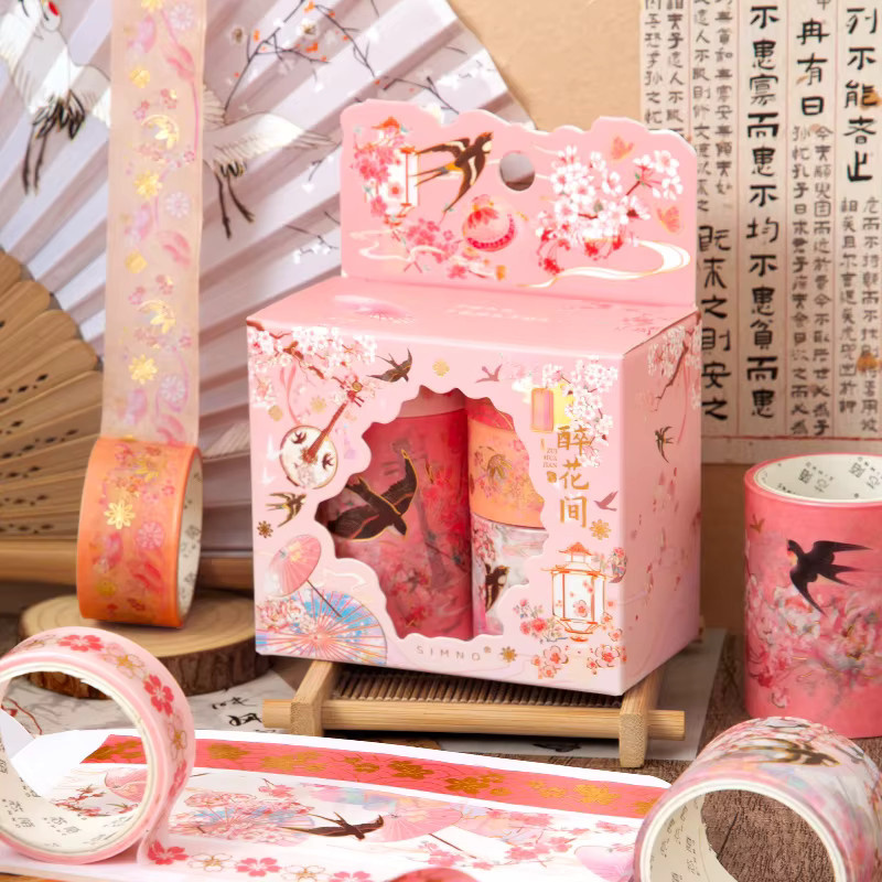 5 Rollen Washi-Tape Set im chinesischen Retro-Stil mit Landschaftsmotiven und Bronzierung, Mehrfarbig - Bild 3