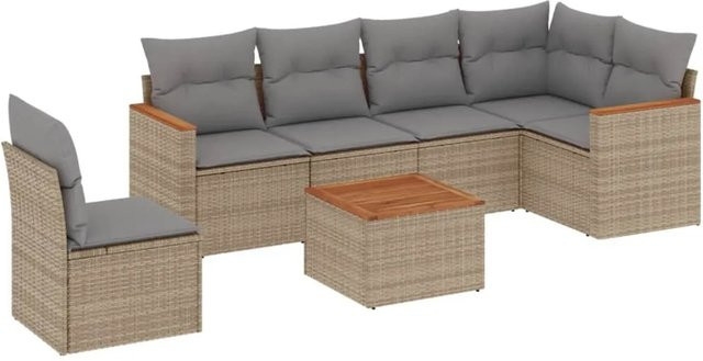 vidaXL 7-teilige Garten-Sofagarnitur aus Poly-Rattan und Akazienholz in Beige mit Kissen - Bild 1
