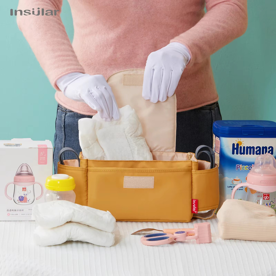 Multifunktionale Wickeltasche für Kinderwagen aus wasserdichtem Nylon in Braun und Gelb zur Aufbewahrung von Flaschen und Windeln - Bild 2