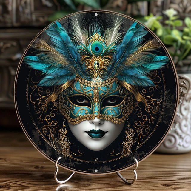 Rundes Aluminiumschild Potdemiel mit Mardi Gras Masken-Motiv im Vintage-Stil, Wandkunst aus Metall, Durchmesser: 20 cm, Mehrfarbig - Bild 1