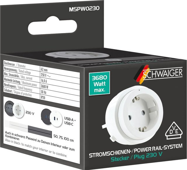 Schwaiger Stromschienen-Plug MSPW0230 Steckdosenadapter mit USB-C und USB-A in Weiß - Bild 1
