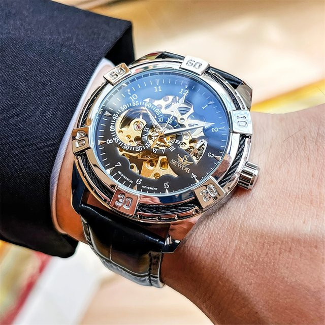 AOKULASIC Automatik-Armbanduhr, Skeleton Tourbillon, Silber, Leder, Herren - Bild 1