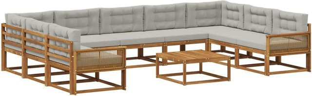 vidaXL Outdoor-Sofagarnitur in U-Form aus Akazienholz mit 10 Kissen, Farbe: Braun und Grau - Bild 1