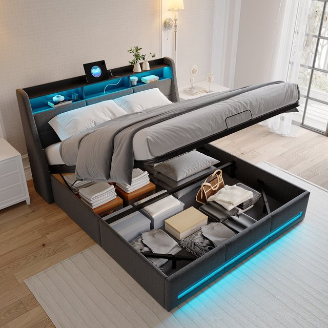 Superaly Polsterbett mit LED-Beleuchtung und Stauraum, Doppelbett mit Gasdruckfedern, Grau, B/T: 160 x 200 cm - Bild 1