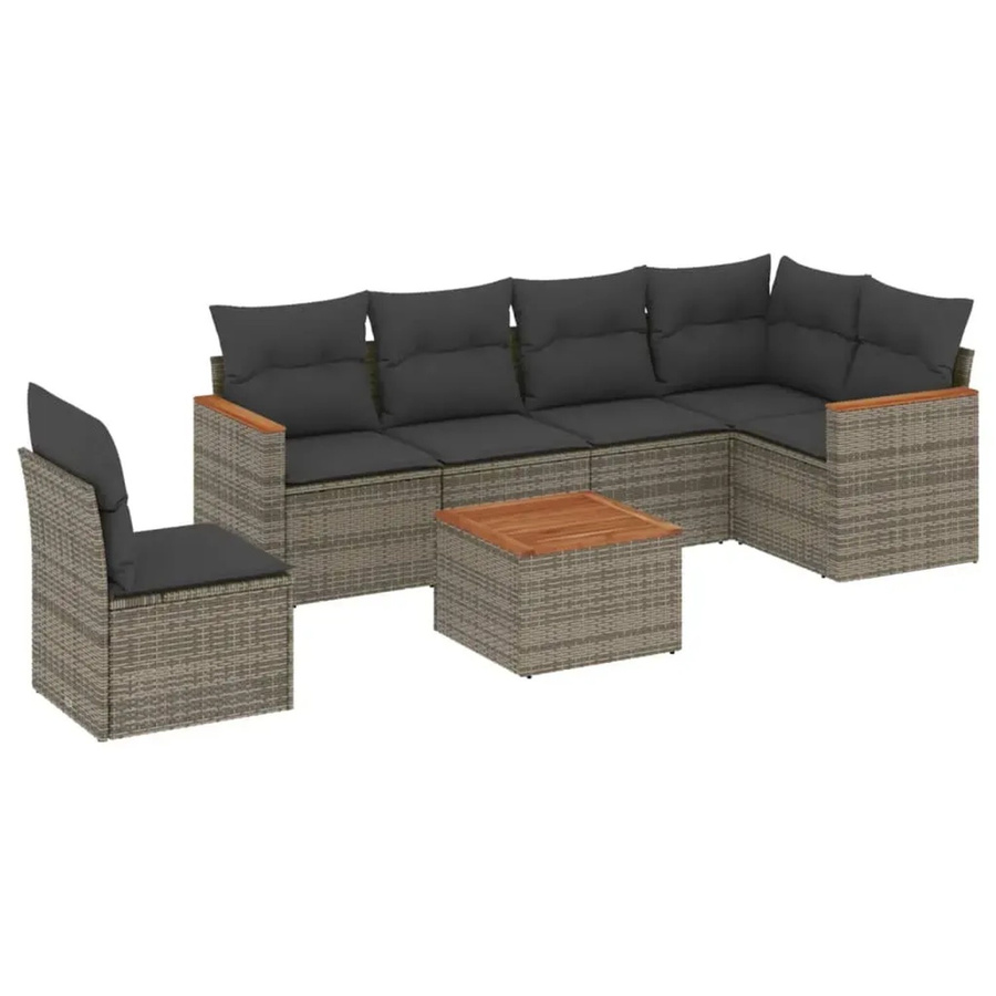 vidaXL 7-teilige Garten-Sofagarnitur aus Poly-Rattan und Akazienholz in Grau mit Kissen - Bild 2