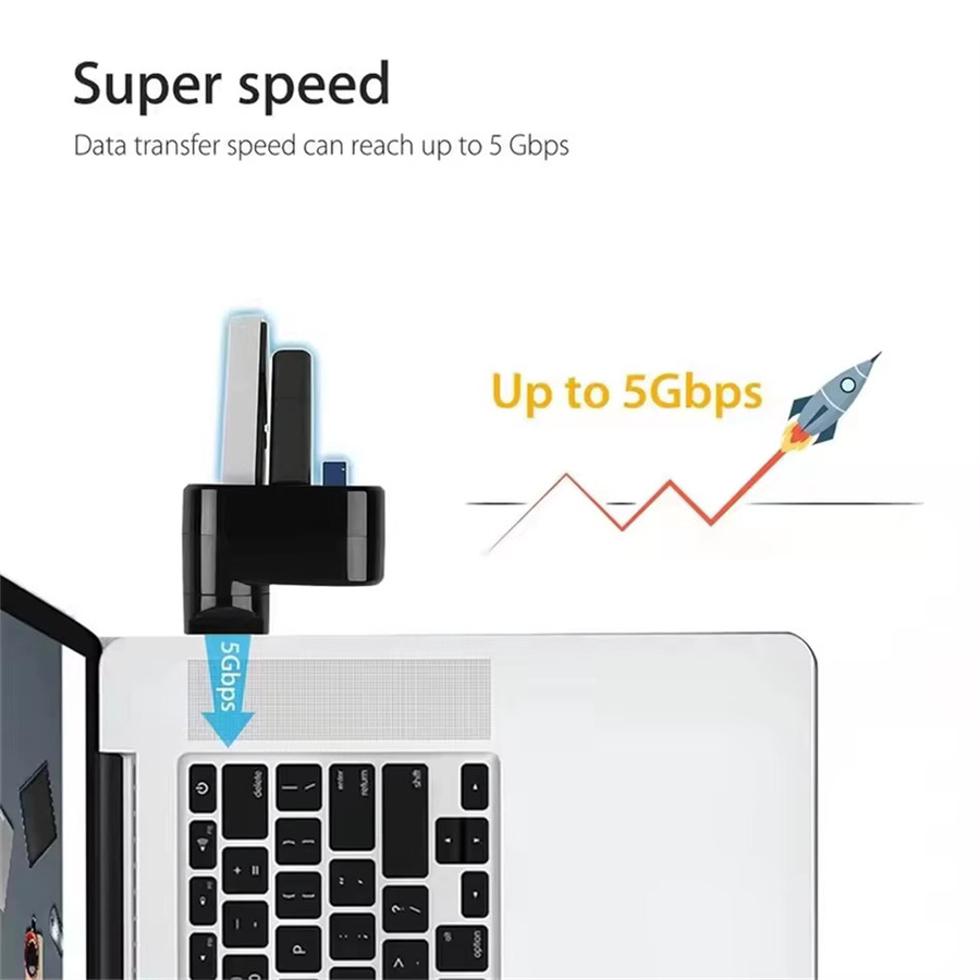 WvvMvv Mini 3-Port USB-Hub mit 180 Grad Drehung, USB 3.0 und 2.0 Multi-Adapter für Laptop, MacBook und PC, Schwarz oder Weiß - Bild 2