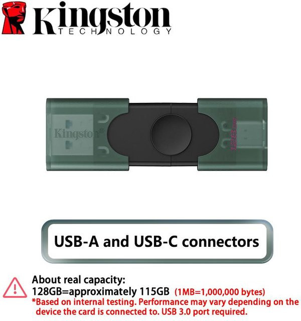 Kingston DataTraveler Duo G2 USB-Stick mit 128GB Speicherplatz, Dual Anschluss USB-A und USB-C, Schwarz oder Grün - Bild 2