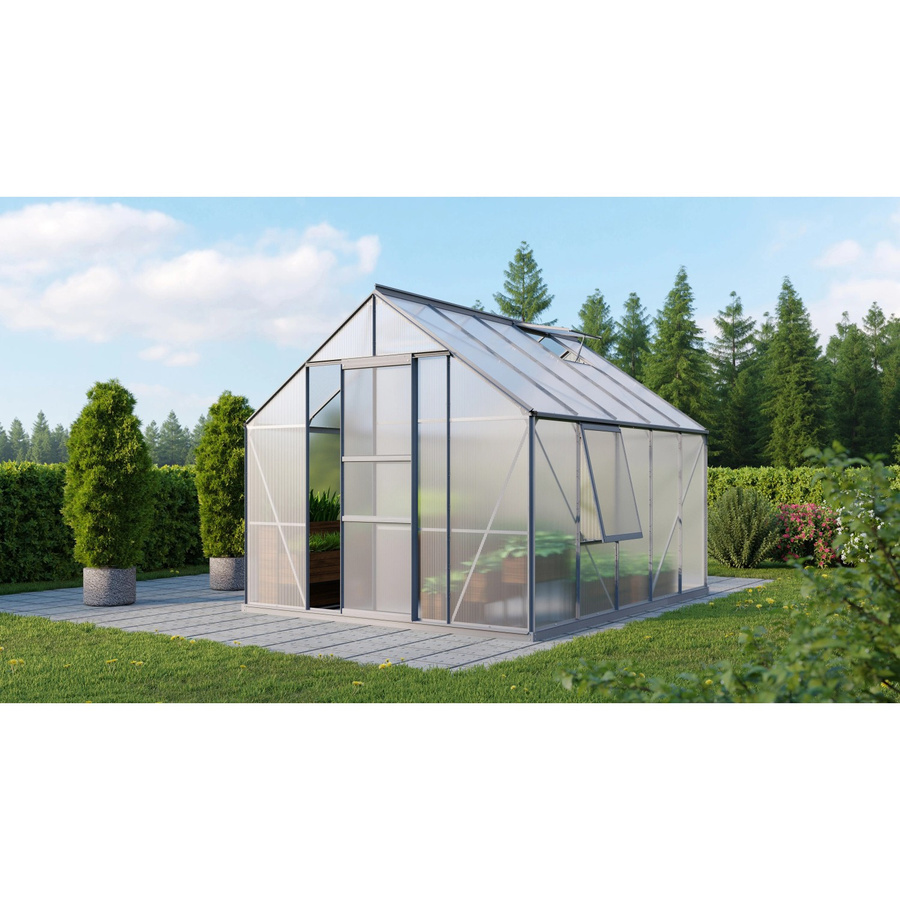 Vitavia Gewächshaus Meridian 1 mit Aluminiumrahmen und Polycarbonat-Verglasung inklusive Vorzugsset mit Einfachschiebetür, Seitenfenstern, Dachfenster und Regenrinnen - Bild 2