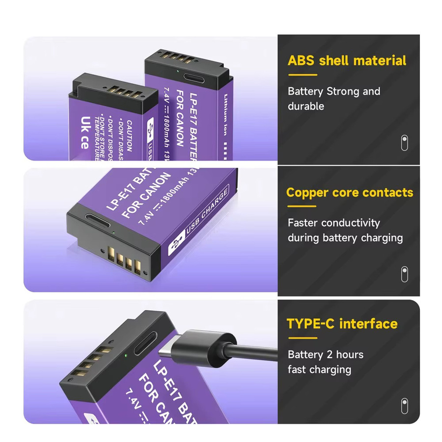 2 Stück LP-E17 Akku mit USB Typ C Anschluss für Canon EOS RP 200 250D M3 M5 M6 750D 760D T6i T6s 800D 8000D 77D Kiss X8i, 1800mAh - Bild 5