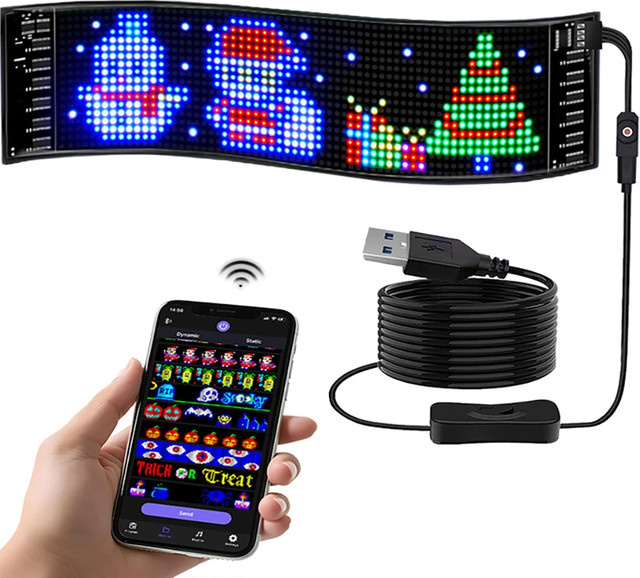 VASTFIRE LED-Matrix-Pixel-Laufschrift für Auto-Dekor mit RGBIC Multicolour, anpassbare Animationen und Text, Schwarz - Bild 1
