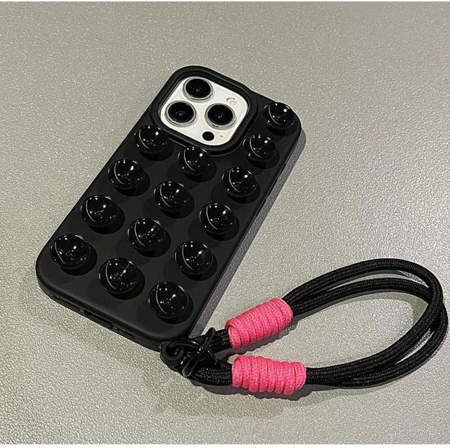 Niedrige Süßigkeiten Handyhülle aus Flüssigsilikon mit Saugnapf und Armband für Apple iPhone 16 15 14 13 12 11 Pro Max Plus in Schwarz - Bild 1