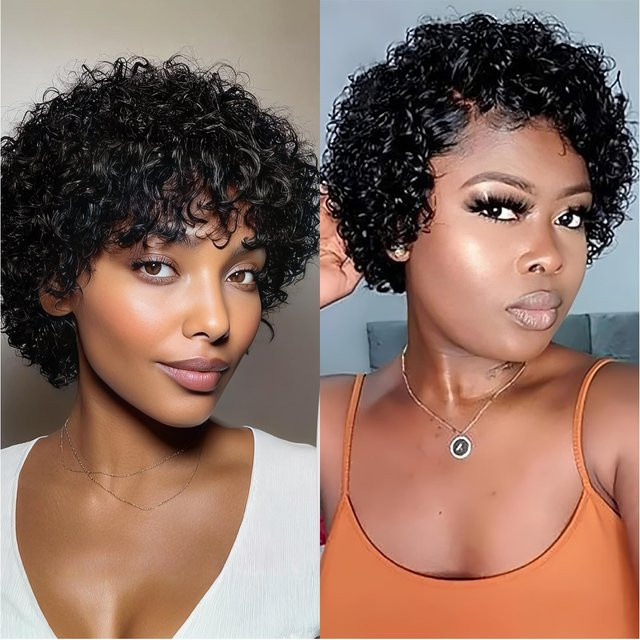 OYM HAIR Pixie-Perücke, kurzes Echthaar mit Pony, lockig - Bild 1