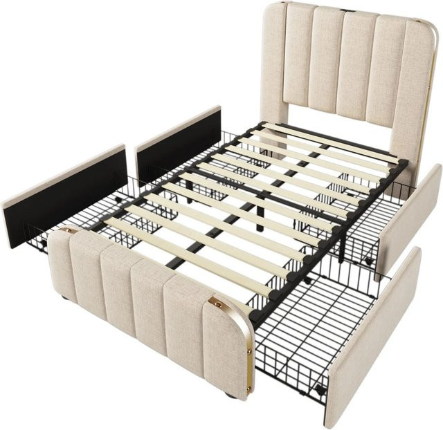 Merax Polsterbett mit 4 Schubladen und USB-C Anschluss in Beige - Bild 1