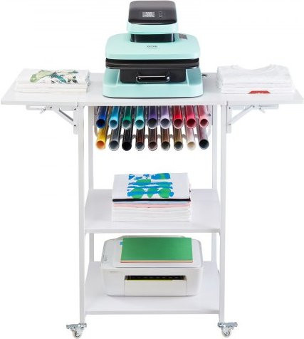 VEVOR Heat Press Tisch, klappbarer Rollwagen aus Metall mit 3 Ebenen, Rollbarer Werkbank-Ständer mit Rollen und Vinylrollenhalter für Sublimations-Transfermaschinen, Weiß - Bild 1