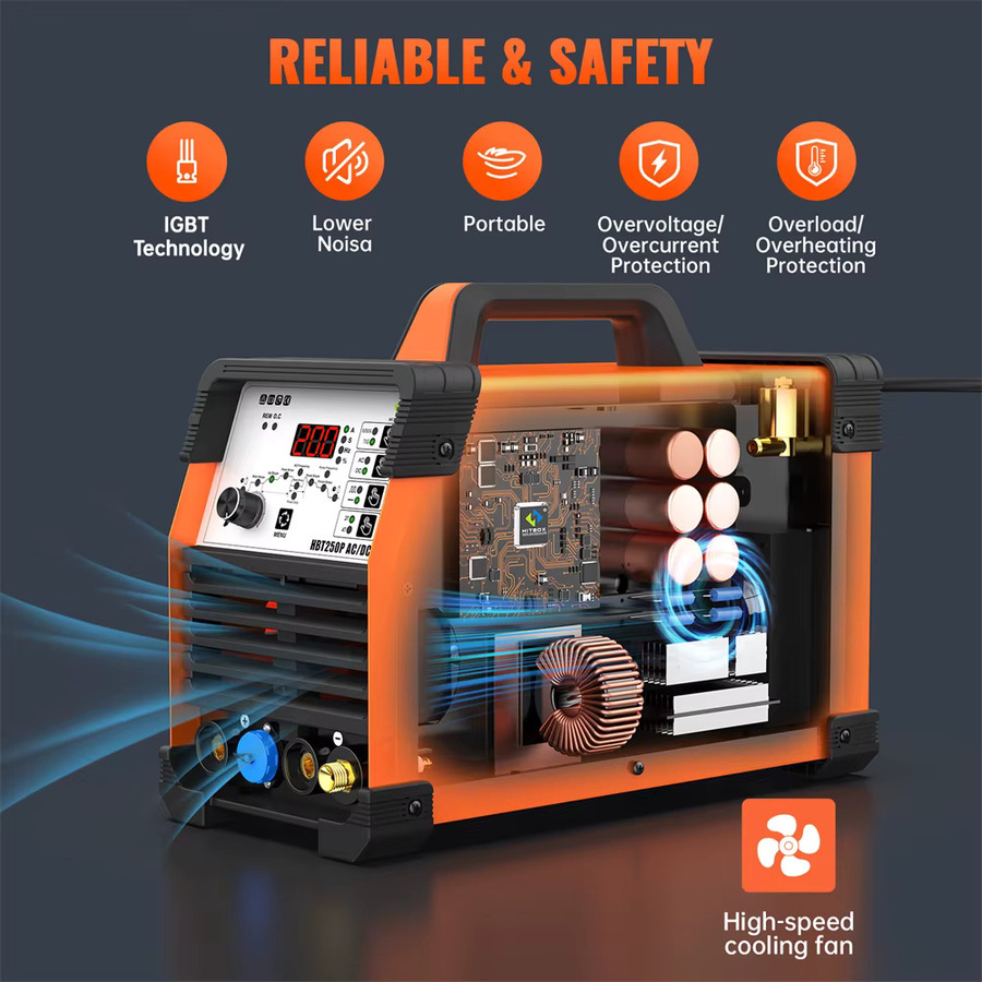 HITBOX 6-in-1 HF TIG Schweißgerät HBT250P AC/DC, Orange, 220V 200A, Aluminium-Schweißmaschine für MMA ARC Argon mit digitaler Puls-Funktion und Fußpedal-Unterstützung - Bild 4